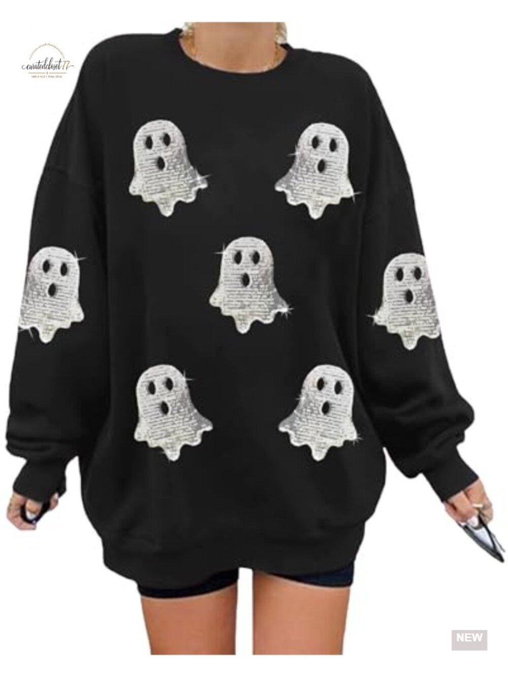 Women Sequin Ghost Halloween Crewneck Sweatshirt Oversized Long Sleeve Pullover